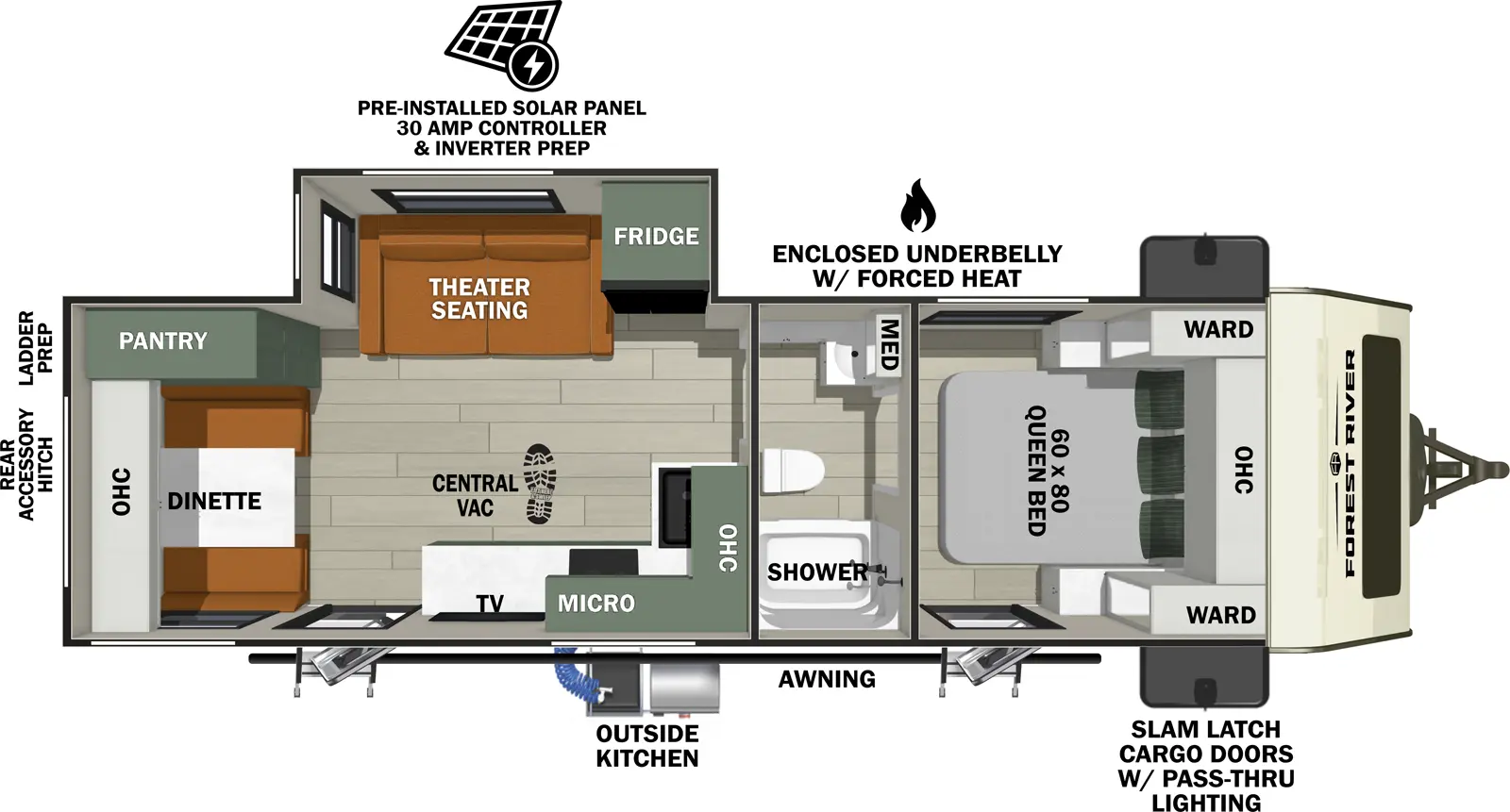 The No Boundaries NB20.7 has two entries and one slide out. Exterior features include: fiberglass exterior. Interiors features include: front bedroom and pass through bathroom.